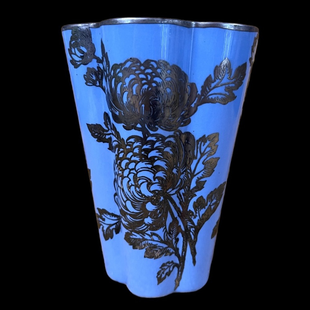 Vintage Silver inlay etched vase